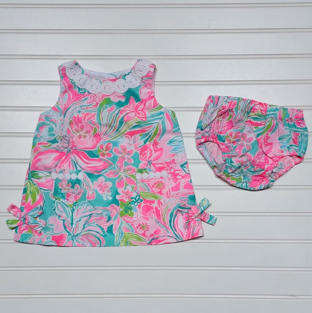 Lilly Pulitzer Baby Lilly Shift Dress Size 6-12 Months Pinks, Aqua & Green